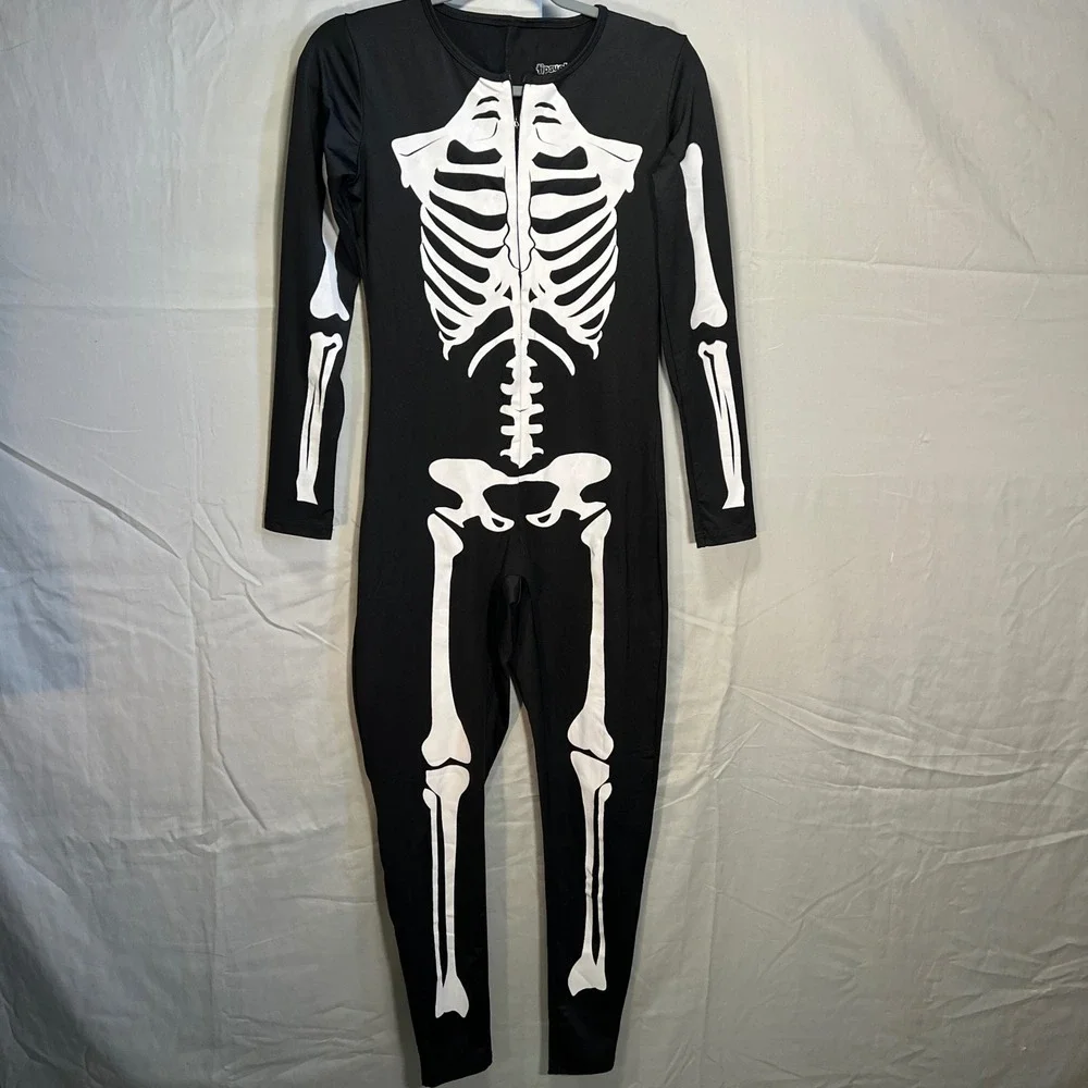 TipsyElves Skeleton Jumpsuit Black White Long‎ Sleeve Zipper Front Youth Medium